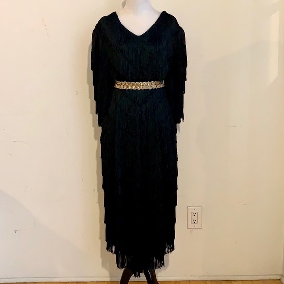 SOLD! VINTAGE FRINGE COCKTAIL DRESS BLACK - Picture 7 of 8